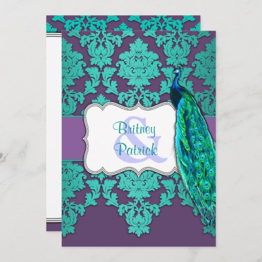 水の孔雀及び紫色のダマスク織の結婚式招待状 招待状 (正面/裏面)