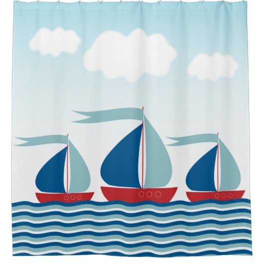 水の波の男の子に帆船航海のを シャワーカーテン (正面)