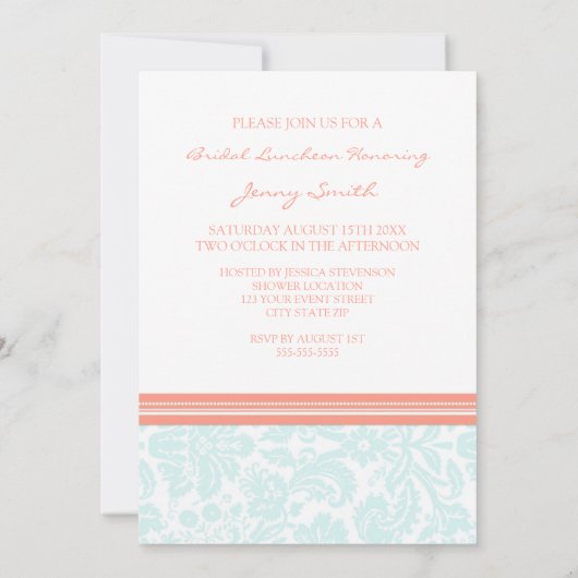 水の珊瑚のダマスク織の花嫁の昼食の招待状 招待状 (裏面)