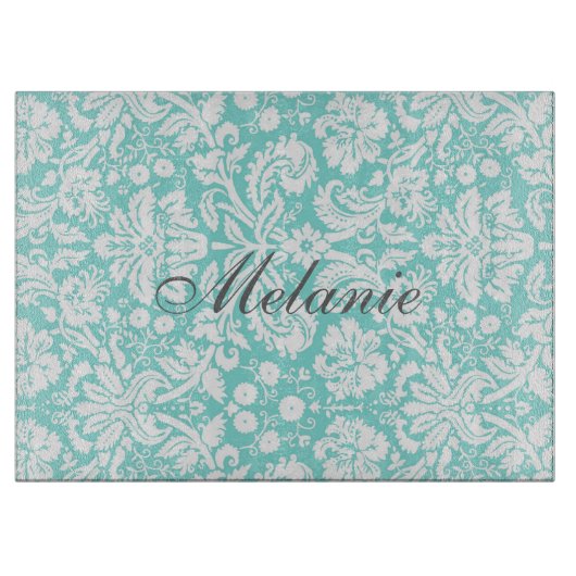 水の白いダマスク織の名前をカスタムするのまな板 カッティングボード (正面)