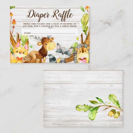 水の素朴色のウッドランド動物おむつラッフル エンクロージャーカード (正面/裏面)