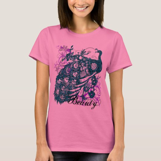 水の紫色の孔雀、カスタマイズ文字デザイン Tシャツ (正面)