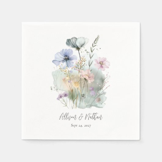 水の結婚色のワイルドフラワーと白のナプキン スタンダードカクテルナプキン (正面)