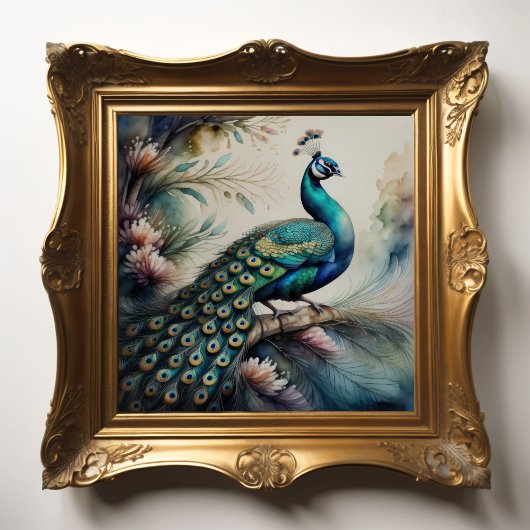 水の絵画色の孔雀1:1 ポスター