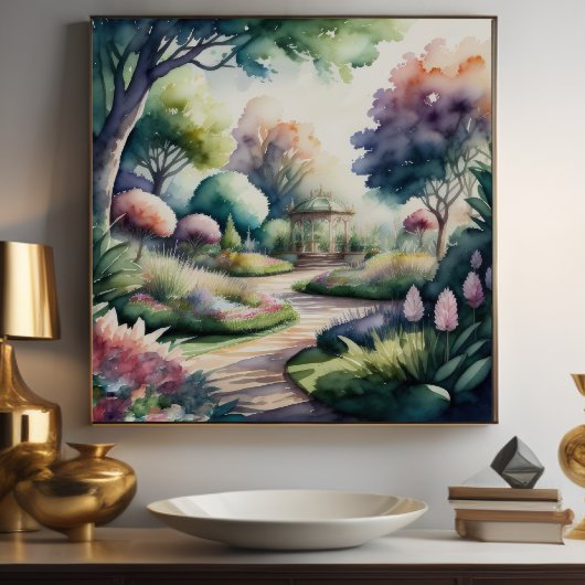 水の絵画色の庭の風景 ポスター