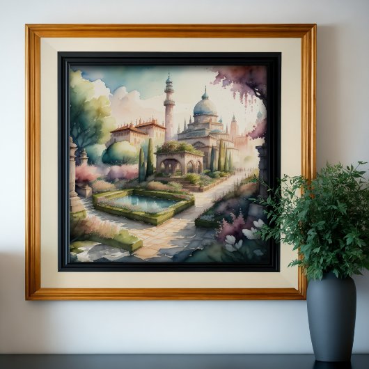 水の絵画色の庭の風景 ポスター