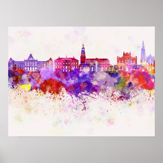 水の背景のGroningenスカイライン ポスター (正面)