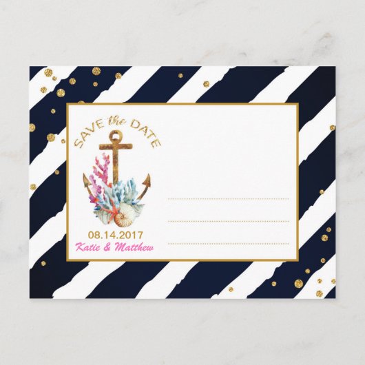 水の航海の色のいかりシーシェル日付を保存 案内ポストカード (裏面)