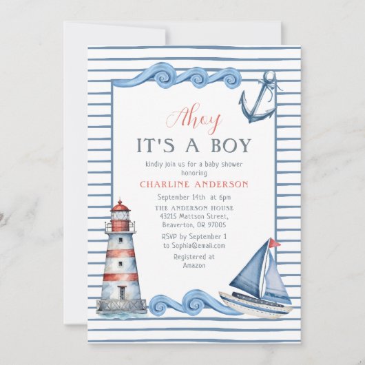 水の航海の色アホイ男の子の赤ちゃんシャワー 招待状 (正面)