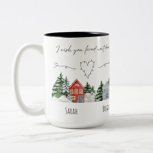 水の色あなたが隣のドアの記念に住んでいることを望む ツートーンマグカップ (左)