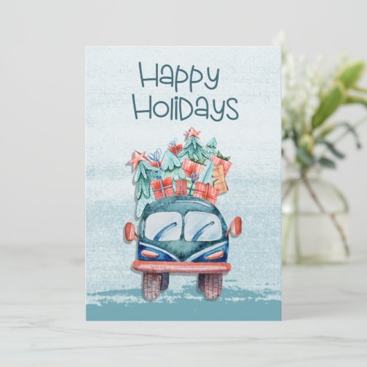 水の色おもしろい冬クリスマスツリートラックホリ シーズンカード (スタンド正面)