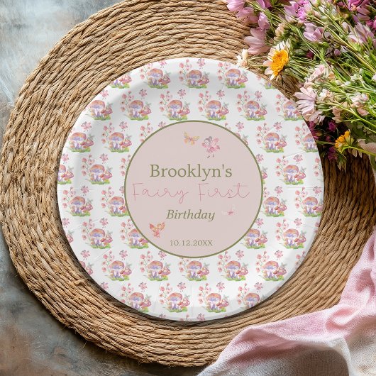 水の色お洒落キノコ妖精ファースト誕生日 ペーパープレート