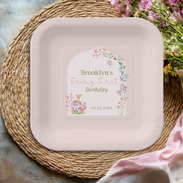 水の色お洒落キノコ妖精ファースト誕生日 ペーパープレート