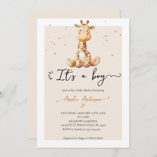 水の色お洒落キリンの緑豊かな赤ちゃんシャワー 招待状 (正面/裏面)