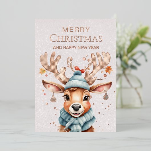 水の色お洒落クリスマストナカイバラ金ゴールド 箔シーズンカード (立ち正面)