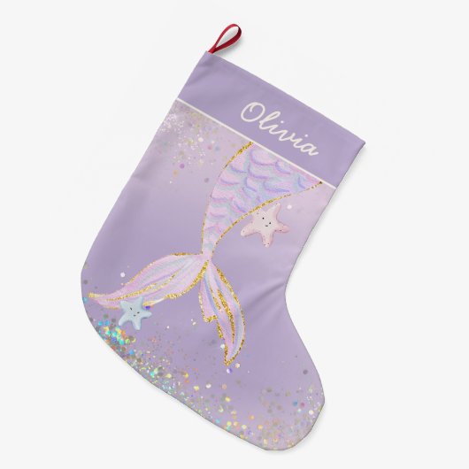 水の色お洒落グリッターマーメイドテール ラージクリスマスストッキング (正面 (吊り時))