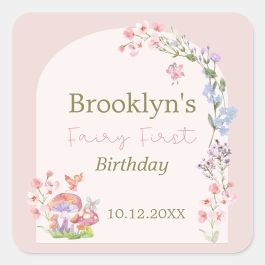 水の色お洒落フローラ妖精ファースト誕生日 スクエアシール (正面)