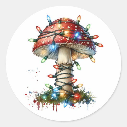 水の色お洒落ヴィンテージマッシュルームのクリスマス ラウンドシール (正面)