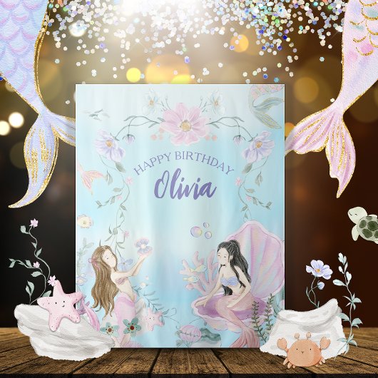 水の色お洒落人魚の誕生日パーティー タペストリー