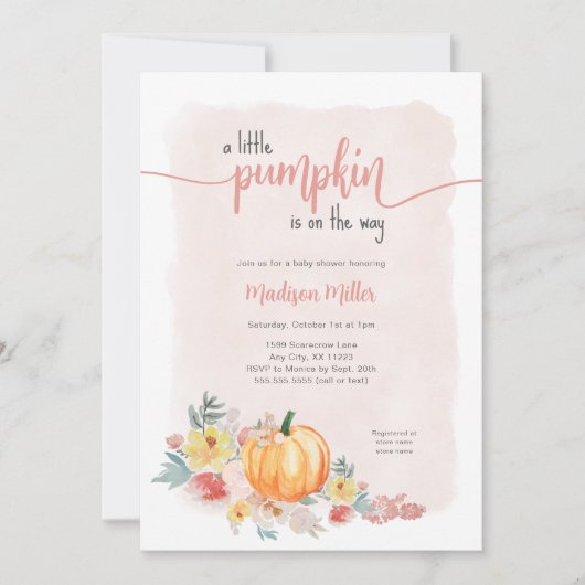 水の色かぼちゃの女の子の赤ちゃんシャワー 招待状 (正面)