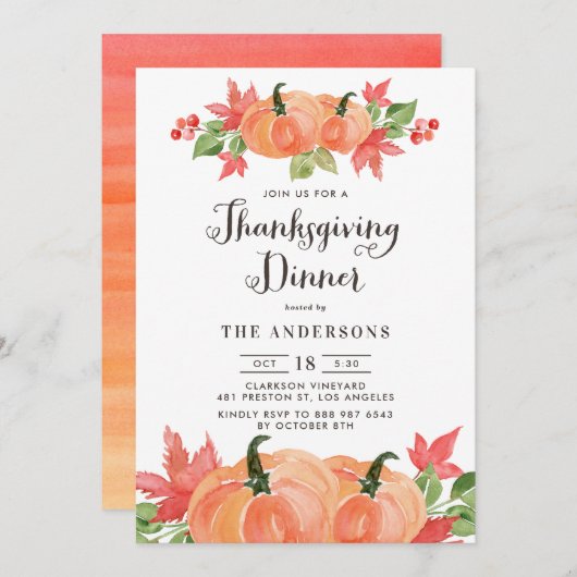 水の色かぼちゃの秋の感謝祭ディナー 招待状 (正面/裏面)