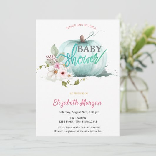 水の色かぼちゃの赤ちゃんシャワー 招待状 (スタンド正面)