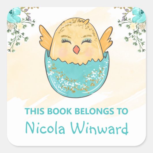 水の色かわいいイースターチックキッズ蔵書票 スクエアシール (正面)