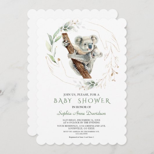 水の色かわいいコアラ緑の金ゴールド赤ちゃんシャワー 招待状 (正面/裏面)