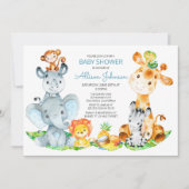 水の色かわいいサファリジャングルボーイ赤ちゃんシャワー 招待状 (正面)
