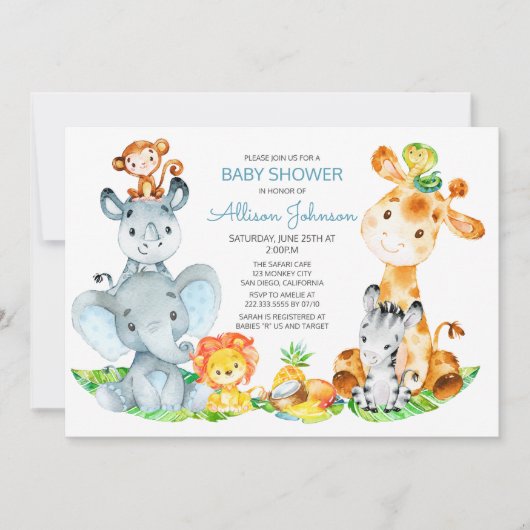 水の色かわいいサファリジャングルボーイ赤ちゃんシャワー 招待状 (正面)