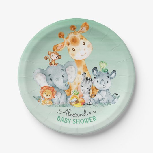 水の色かわいいサファリジャングル動物ベビーシャワー ペーパープレート (正面)