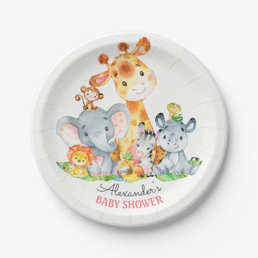 水の色かわいいサファリジャングル動物ベビーシャワー ペーパープレート (正面)