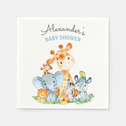 水の色かわいいサファリジャングル赤ちゃんシャワー スタンダードカクテルナプキン (正面)