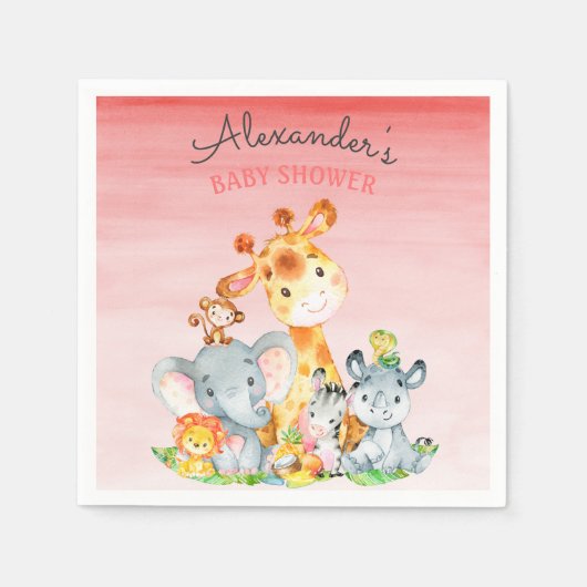 水の色かわいいサファリジャングル赤ちゃんシャワー スタンダードカクテルナプキン (正面)