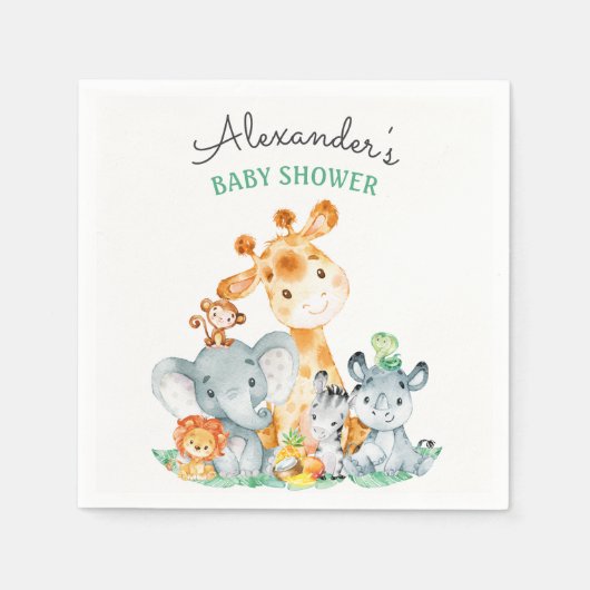 水の色かわいいサファリジャングル赤ちゃんシャワー スタンダードカクテルナプキン (正面)