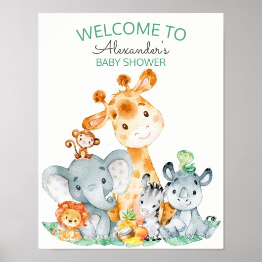 水の色かわいいサファリジャングル赤ちゃんシャワー ポスター (正面)