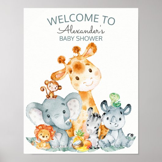 水の色かわいいサファリジャングル赤ちゃんシャワー ポスター (正面)