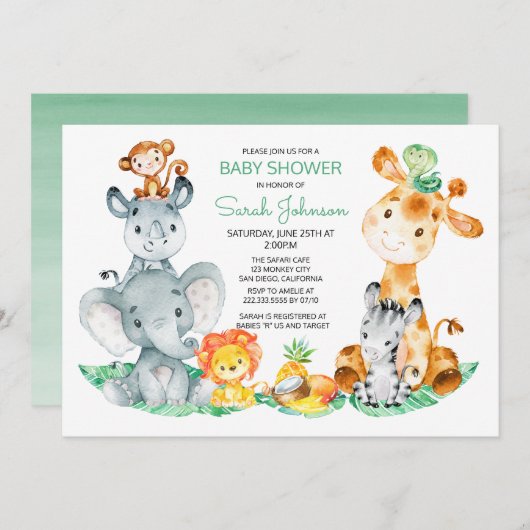 水の色かわいいサファリジャングル赤ちゃんシャワー 招待状 (正面/裏面)
