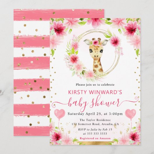 水の色かわいいジャングルキリン赤ちゃんシャワー 招待状 (正面/裏面)