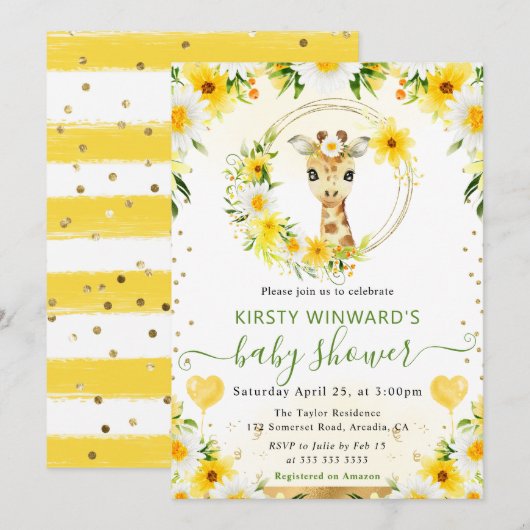 水の色かわいいジャングルキリン赤ちゃんシャワー 招待状 (正面/裏面)