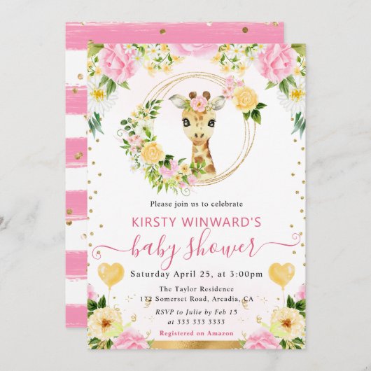 水の色かわいいジャングルキリン赤ちゃんシャワー 招待状 (正面/裏面)