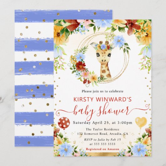 水の色かわいいジャングルキリン赤ちゃんシャワー 招待状 (正面/裏面)