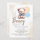 水の色かわいいテディベアバルーンベビーシャワー 招待状 (正面/裏面)