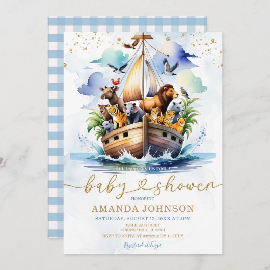 水の色かわいいノアのアークアドベンチャーベビーシャワー 招待状 (正面/裏面)