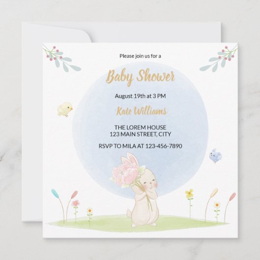 水の色かわいいバニー男女兼用赤ちゃんシャワー 招待状 (正面)