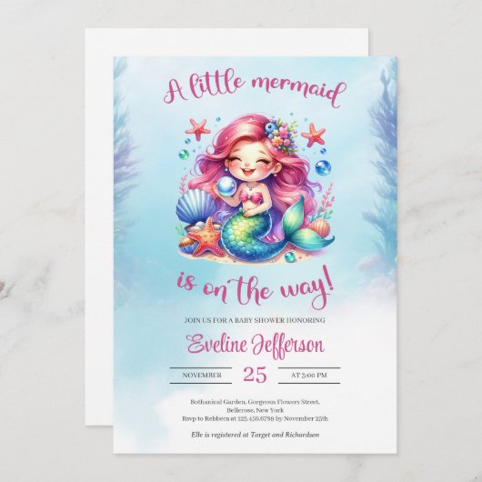 水の色かわいい小さな人魚が途中にある 招待状 (正面/裏面)