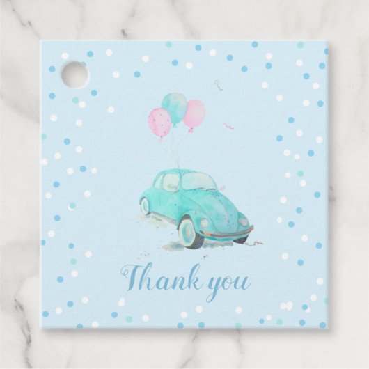 水の色かわいい車の赤ちゃんシャワーボーイメッセージカード フェイバータグ (正面)