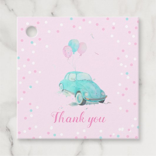 水の色かわいい車の赤ちゃんシャワー女の子のメッセージカード フェイバータグ (正面)