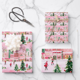 水の色かわいらしクリスマススケートで滑る都市のシーン ラッピングペーパーシート