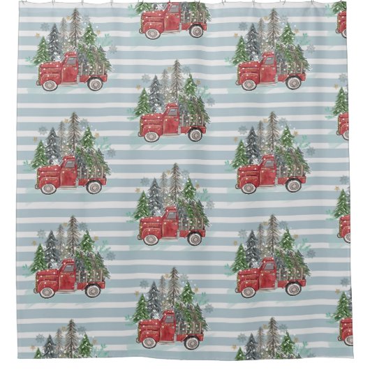 水の色かわいらしクリスマストラッストライプクの木 シャワーカーテン (正面)